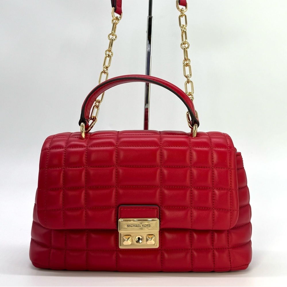 Michael Kors Tribeca Medium Quilted Leather Satchel Bag Crimson Red